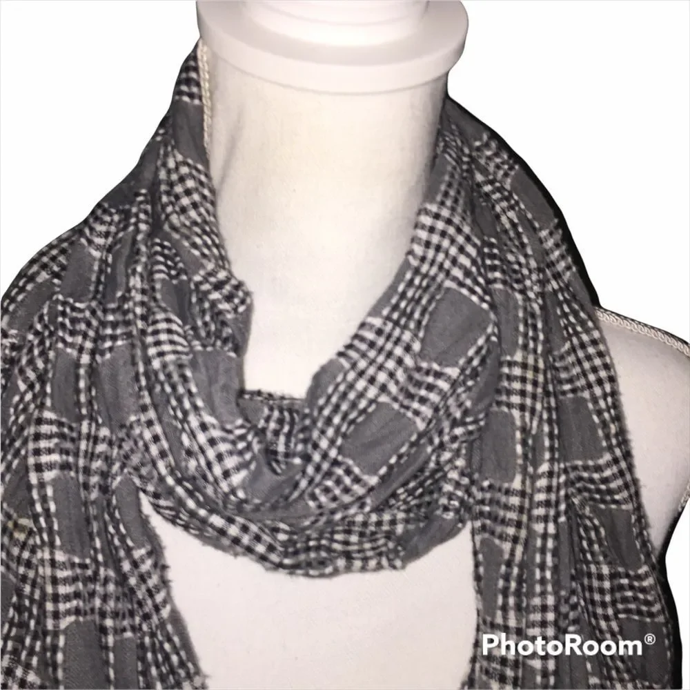 Black White Gingham Checked Fringed Scarf Classic Light